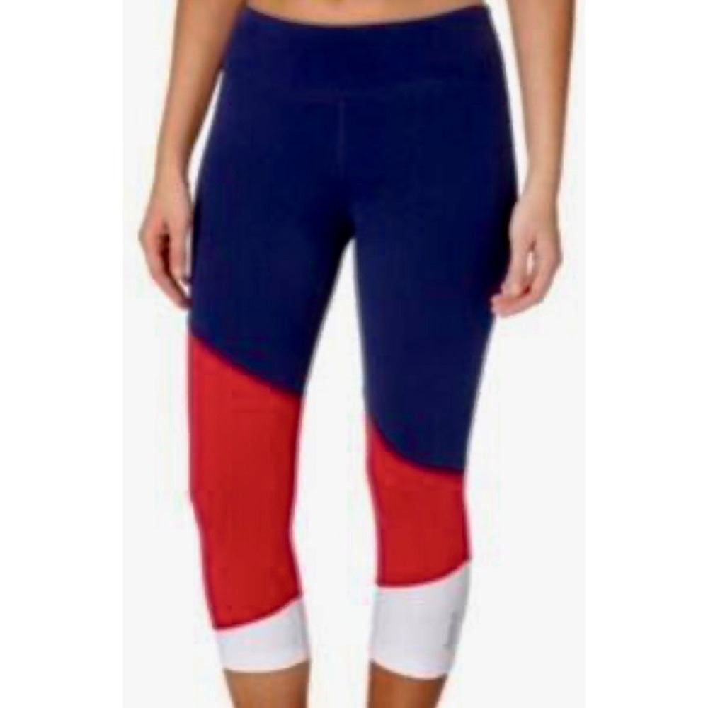 Reebok Womens Colorblock Cropped Leggings Navy Blue Red‎ White Size S Athleisure